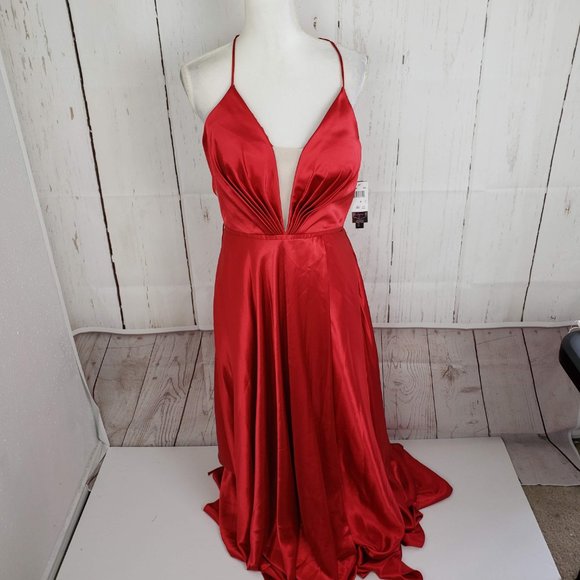 New Aqua Plunging Lace Back Evening Gown Prom - Picture 2 of 8